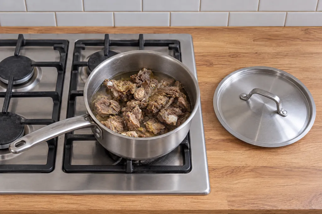 Открытая металлическая кастрюля с говядиной и отдельная крышка рядом