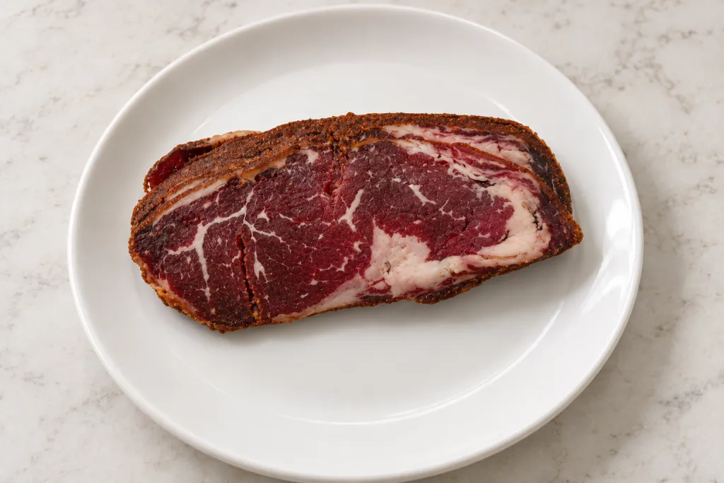 Широкий срез турецкой pastırma entrecote с жировой полосой и пряным наружным краем