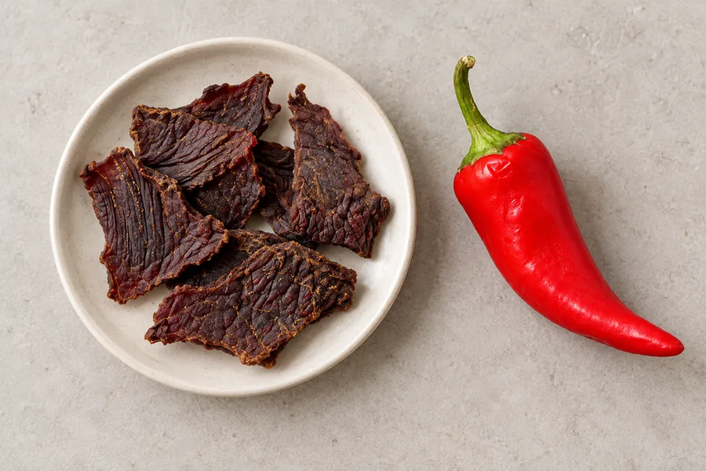 Ломтики сушёного мяса на блюдце и отдельно лежащий красный стручок чили, вид сверху