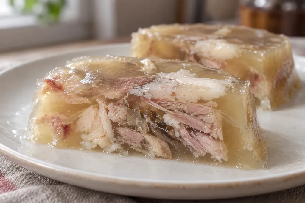 Срез мясного желе с неодинаковыми волокнами мяса внутри полупрозрачной массы
