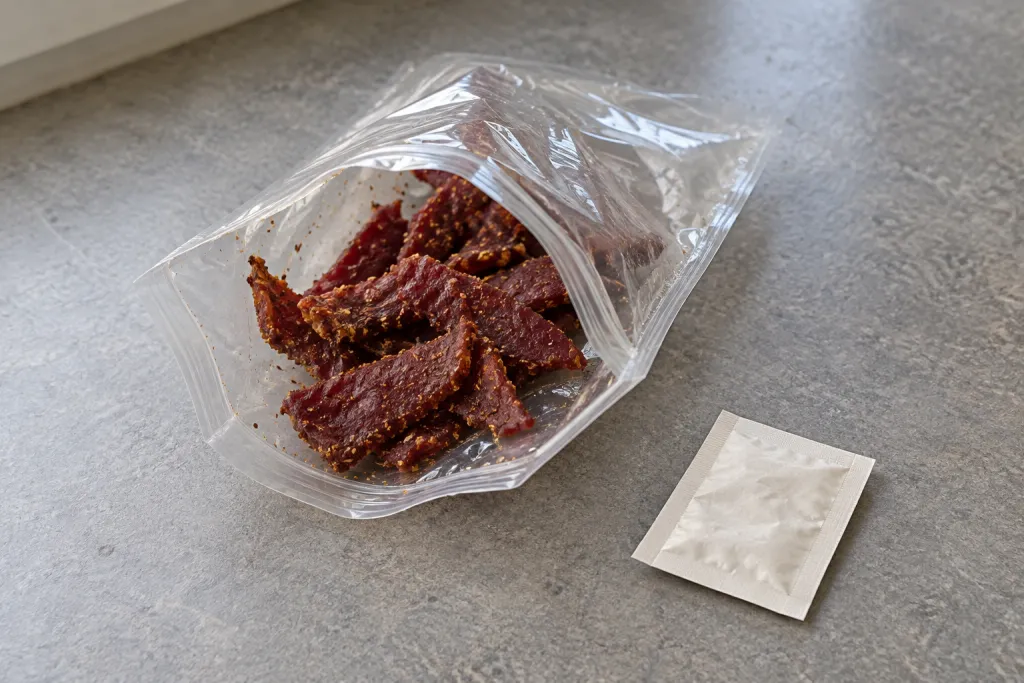 Открытая пачка сушёного мяса и целый белый пакетик отдельно рядом