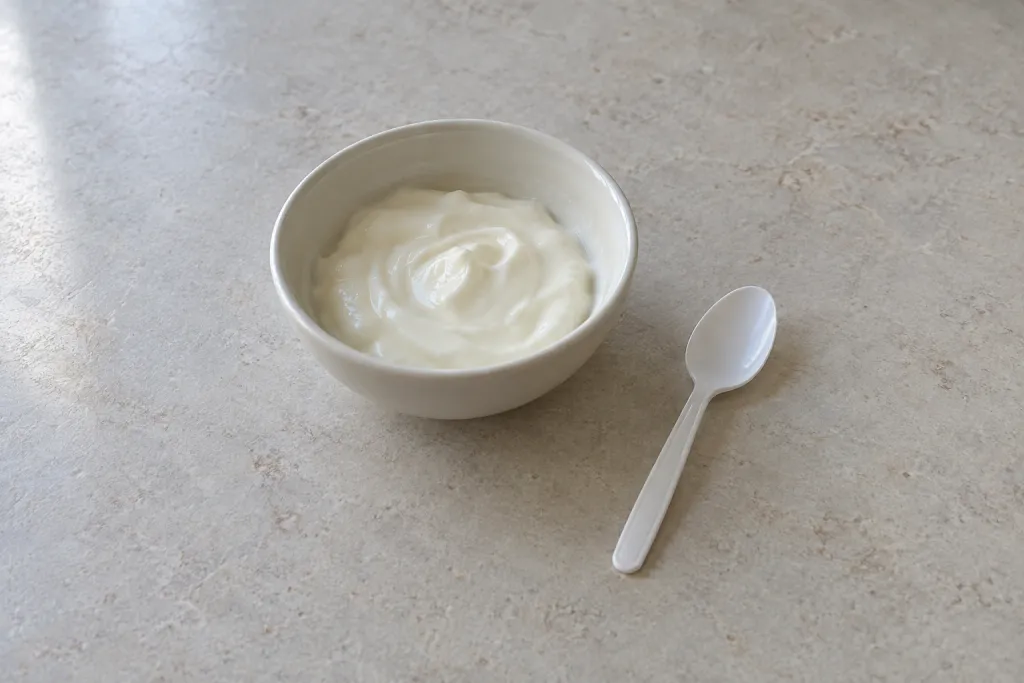 Обычная белая пластиковая ложка рядом с миской йогурта на кухонном столе