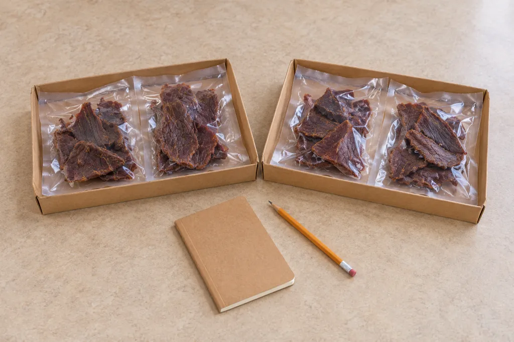 Две отдельные картонные коробки с четырьмя запечатанными пакетами, рядом закрытый блокнот и карандаш
