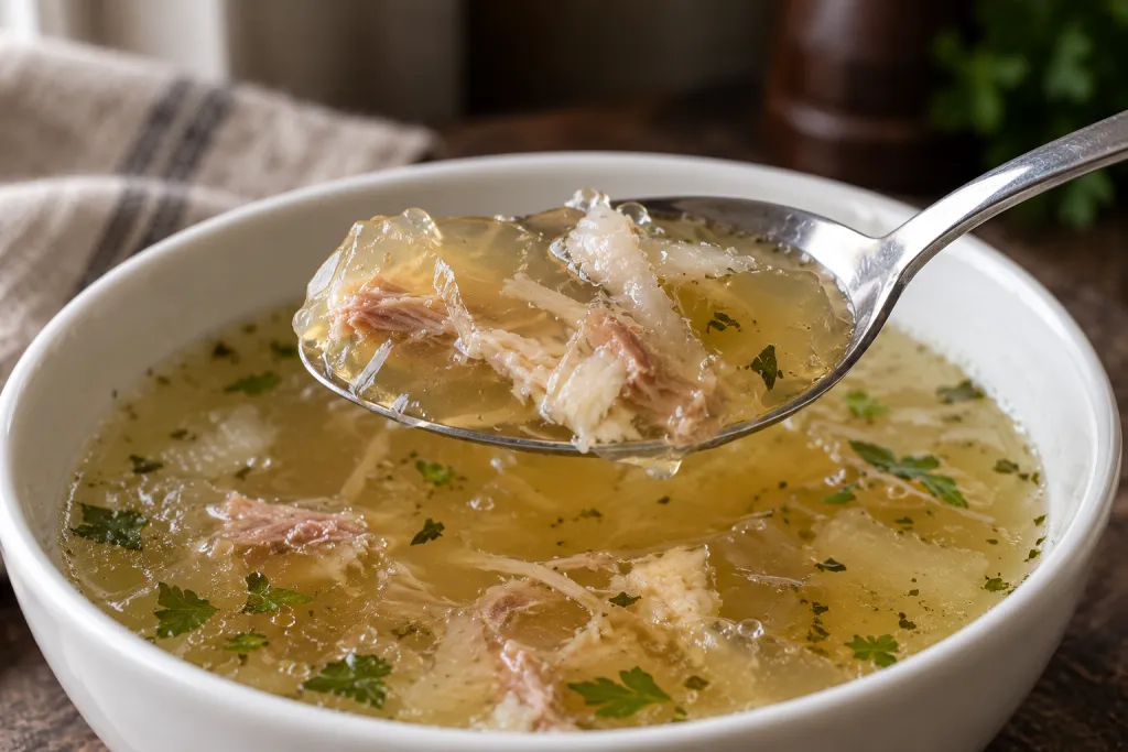Ложка с мягким янтарным мясным желе над белой миской