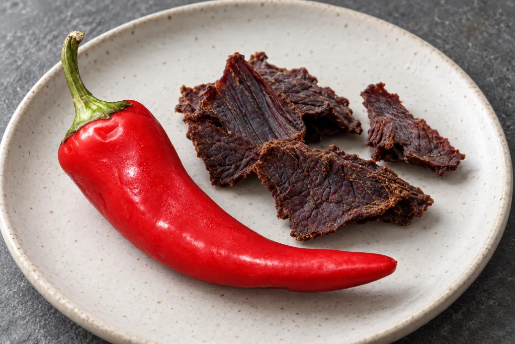 Красный стручок чили рядом с сухими волокнистыми ломтиками мяса на светлой тарелке