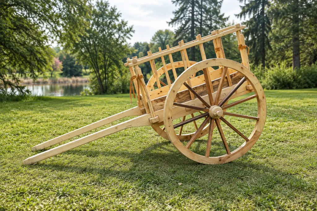 Двухколёсная деревянная повозка Red River с длинными оглоблями на траве