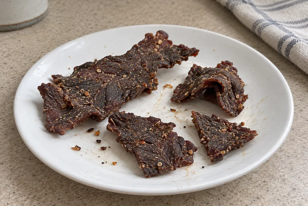 Небольшая порция сушёной говядины с волокнами и кусочками разной формы